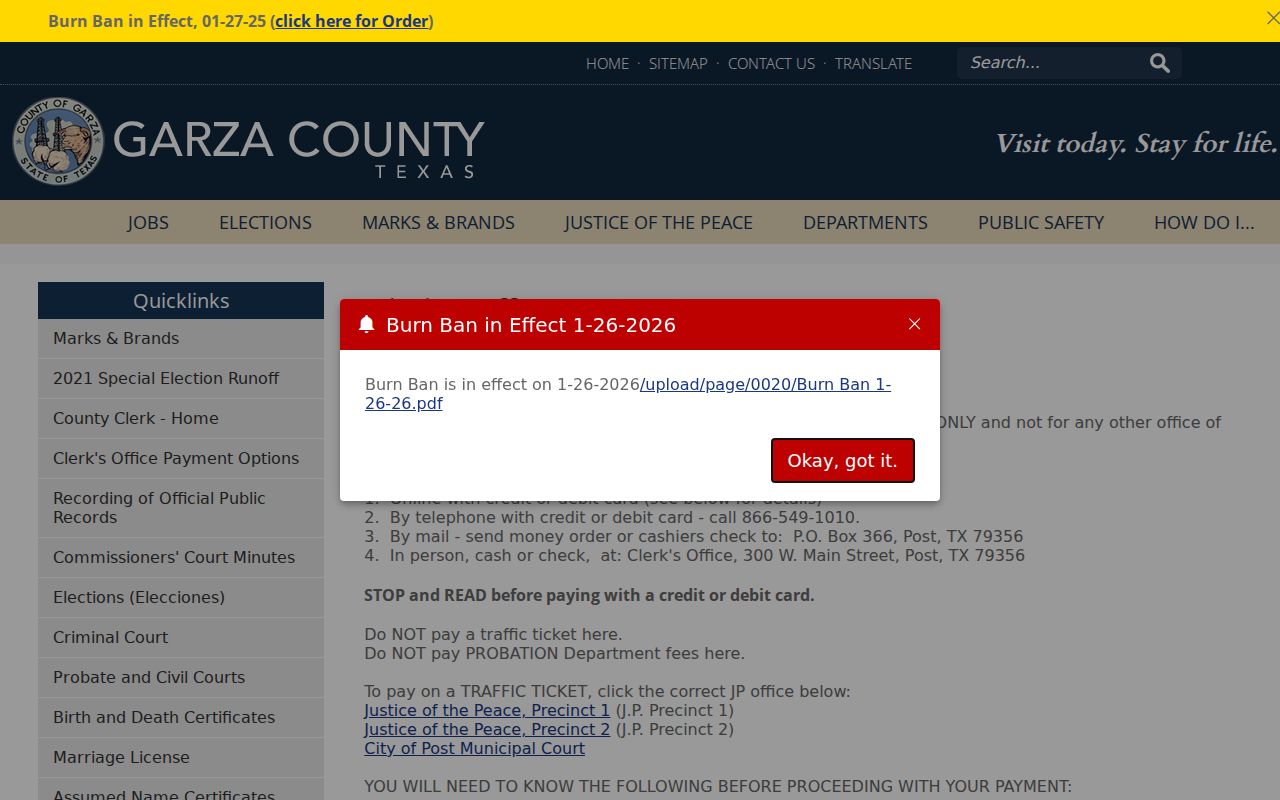 Garza County arrest search clerk payment and warrant record notice