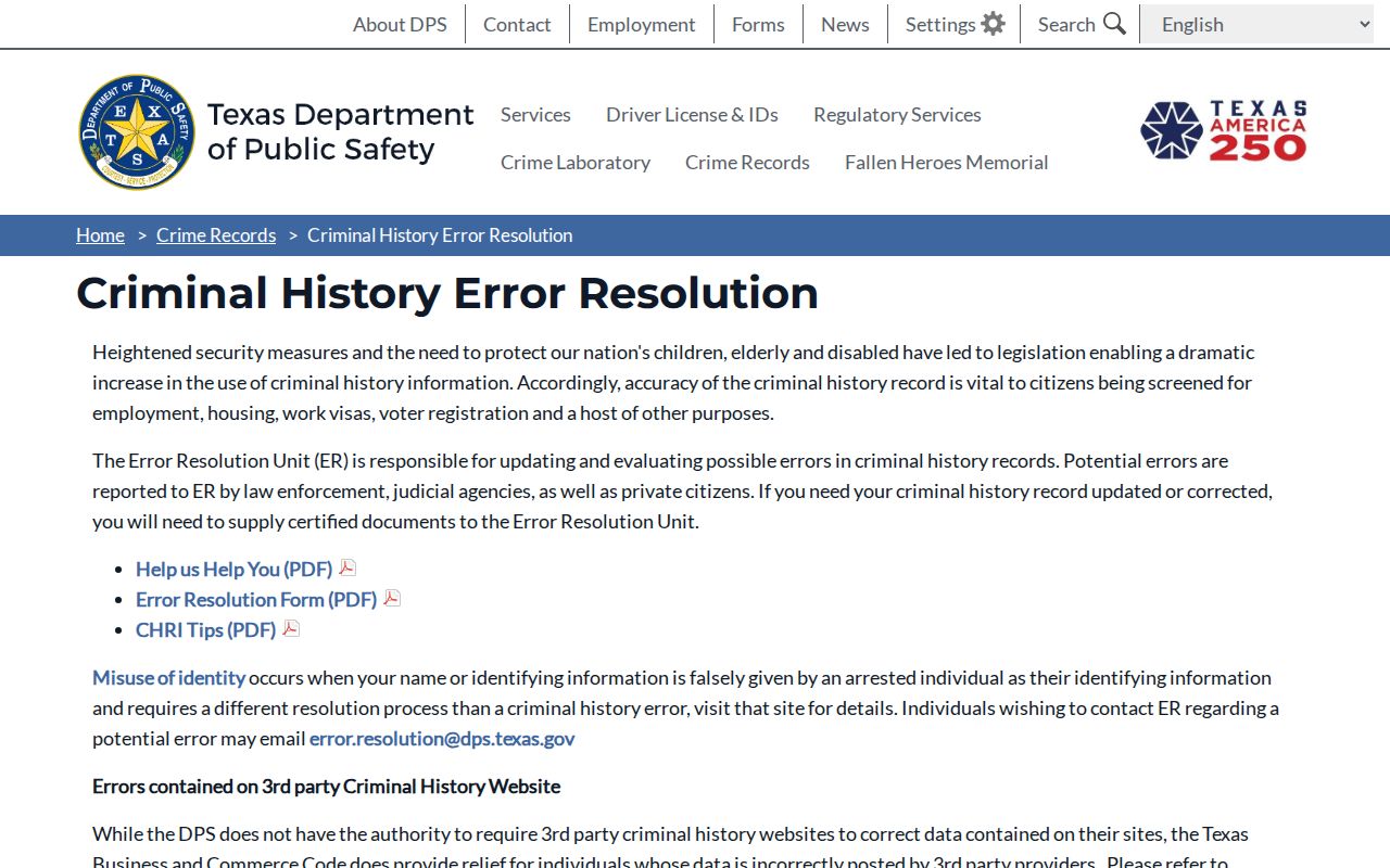 Post criminal records correction process through Texas DPS